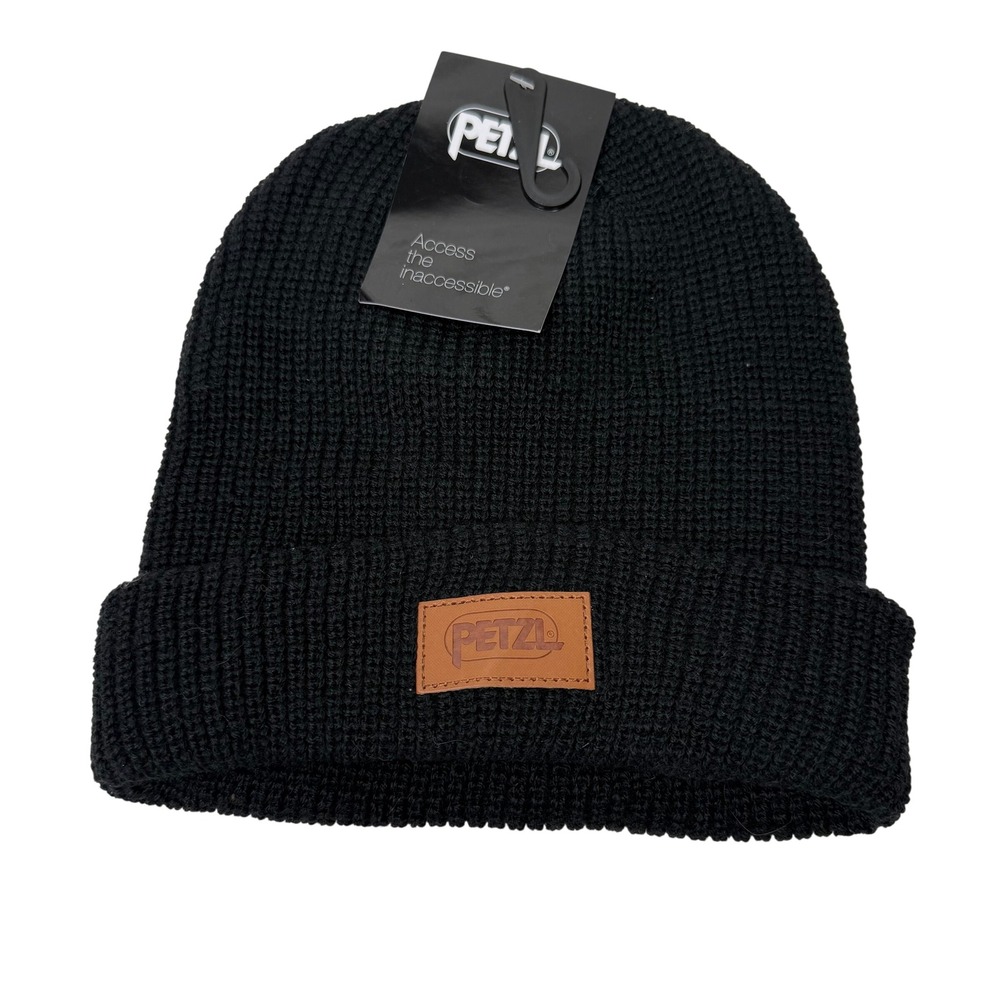 Petzl Black Waffle Knit Beanie Hat Leather Logo Patch NWT Outdoor Workwear